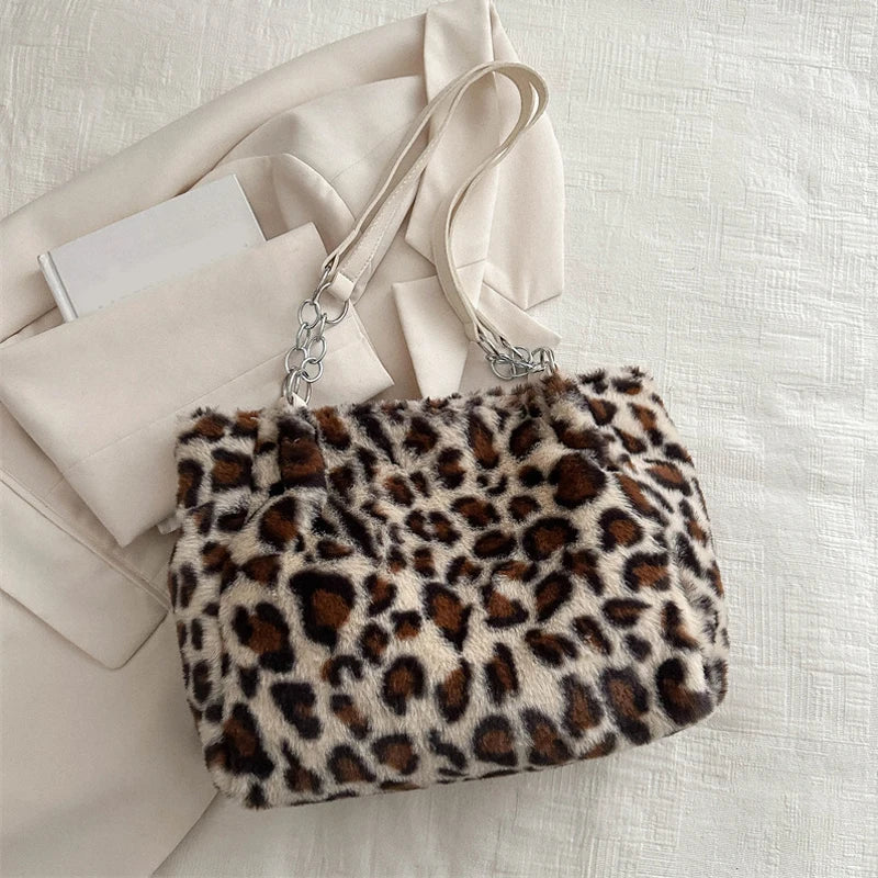 National Style Simple Women Leopard Tote Bag Lady Luxury Fluffy Shoulder Bag Chain Large Capacity Commuter Handle Bag