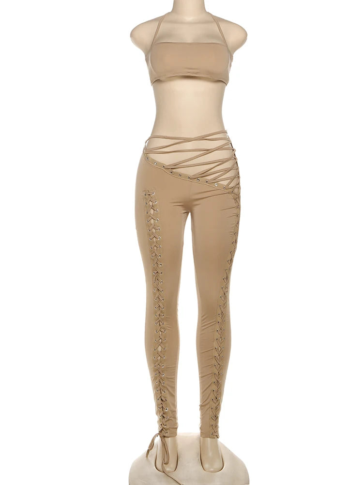 Halter Camisole & Shirring Hollow Pants Set — Women's Clubwear