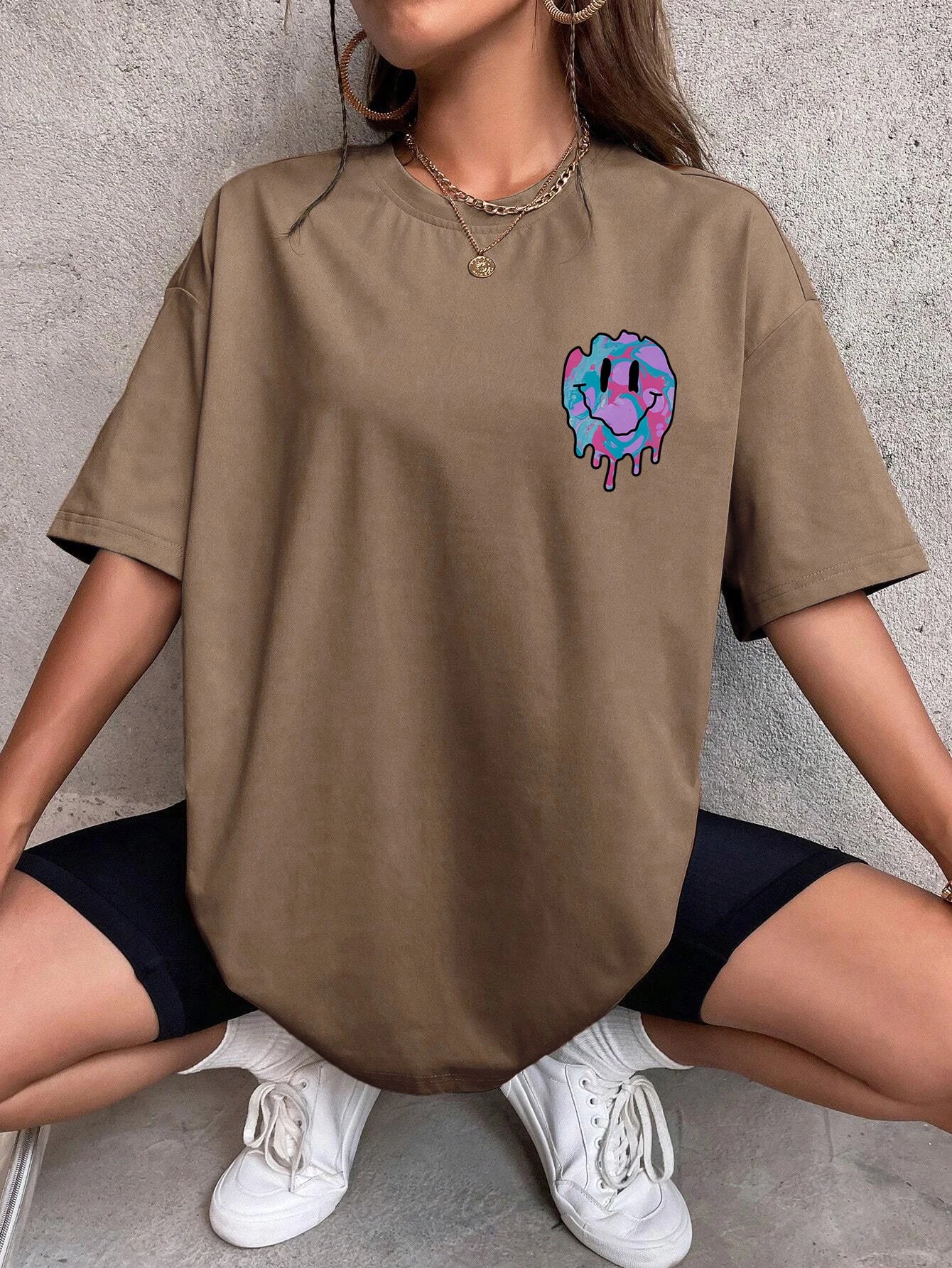 Funny Smile Face Print Female Tshirt Street Casual All Match T-Shirt Fashion Soft Clothes Hip Hop Breathable Tee Shirts Women