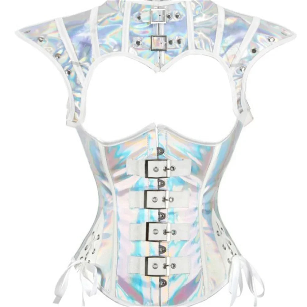 Faux Leather Corset Set Women's Steampunk Gothic Cosplay Game Armor Outfit Sexy Bustier Tops Nightclub Rave Costume