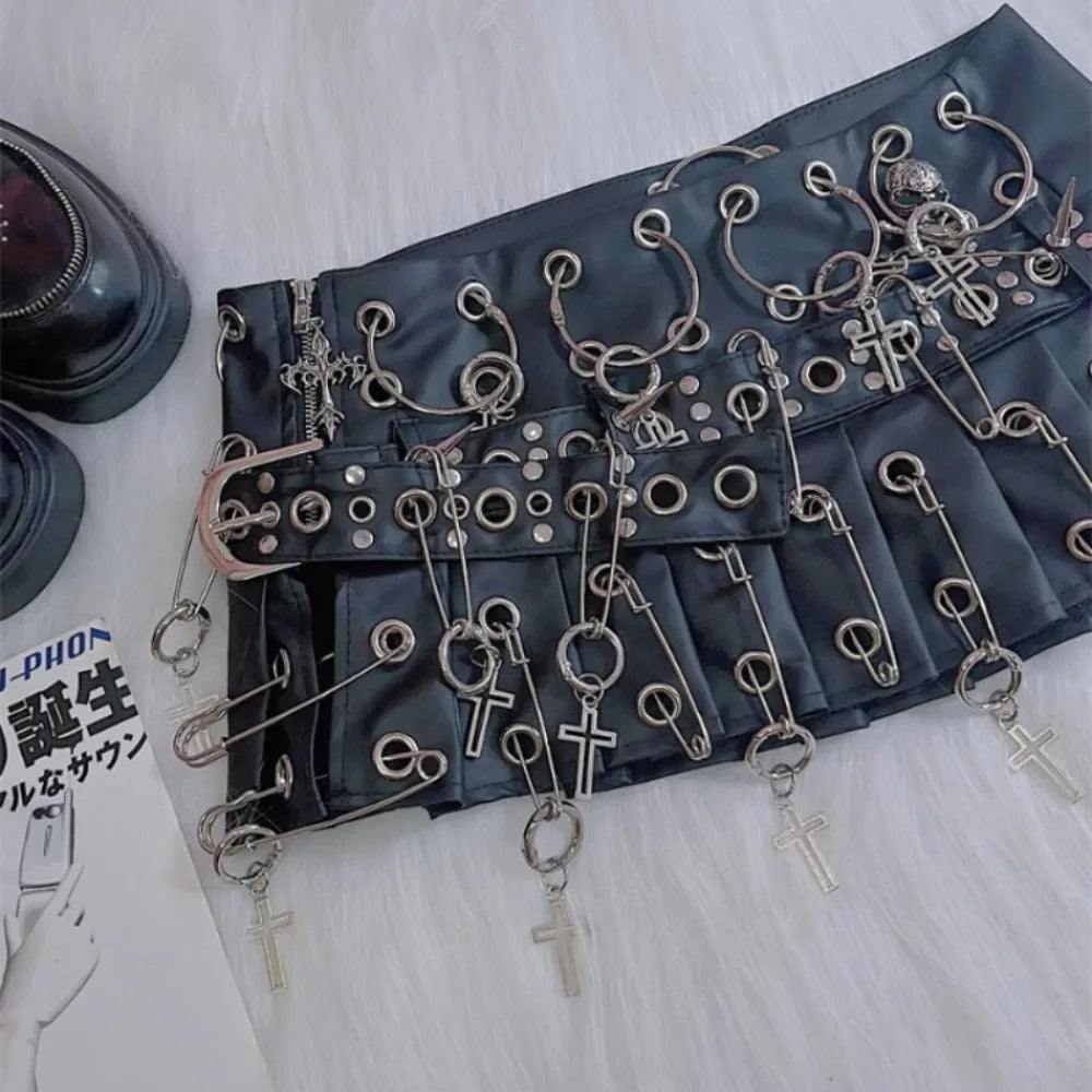 Original European American Women's Clothing New Punk Big PU Leather Belt Pleated Skirt Sexy Sweet Cool Locomotive Skirts Female