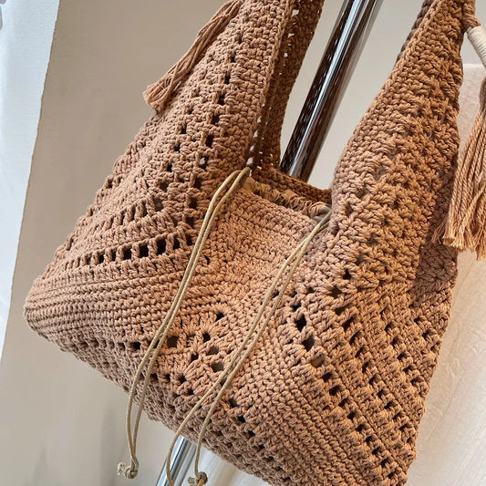 Crochet 2-IN-1 Shoulder Bag Set For Women Raffia Boho Rattan Summer Beach Vacation Tote Bags Knitted Design Handbags Female 2025
