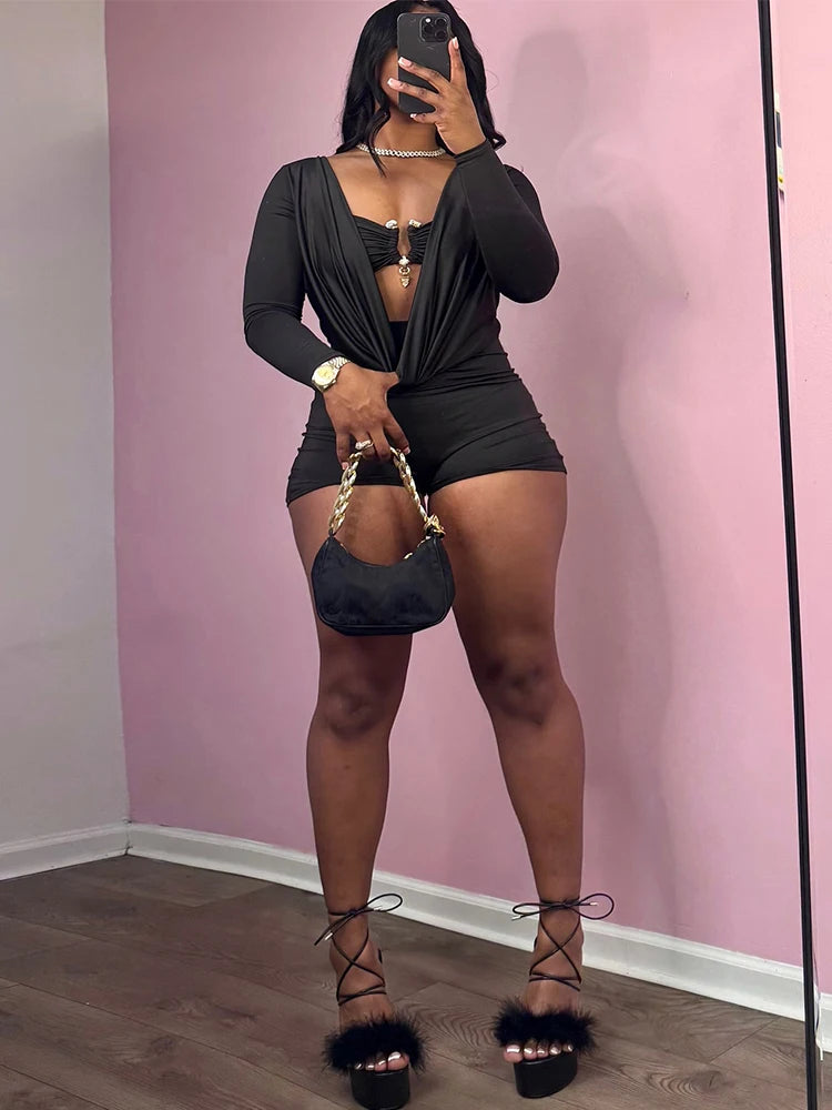 Swing Collar Romper & Metal Buckle Bra Set — Women's Party