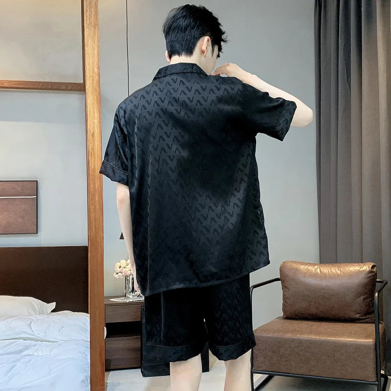 High Quality Jacquard Pajamas Suit Men Summer Ice Silk Shorts Sleepwear Set Thin Satin Large-size Loungewear Male Night Clothing