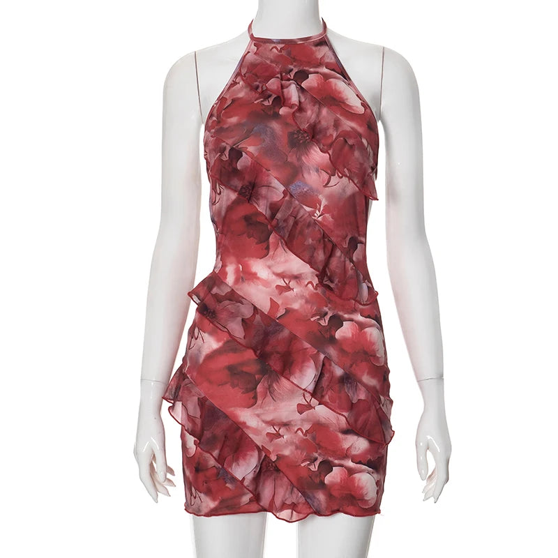 Weird Puss Multilayer Ruffles Dress Women Y2K Backless Halter Tie-Dye Flowers Sleeveless Sexy Stretch Elegant Clubwear Bodycon