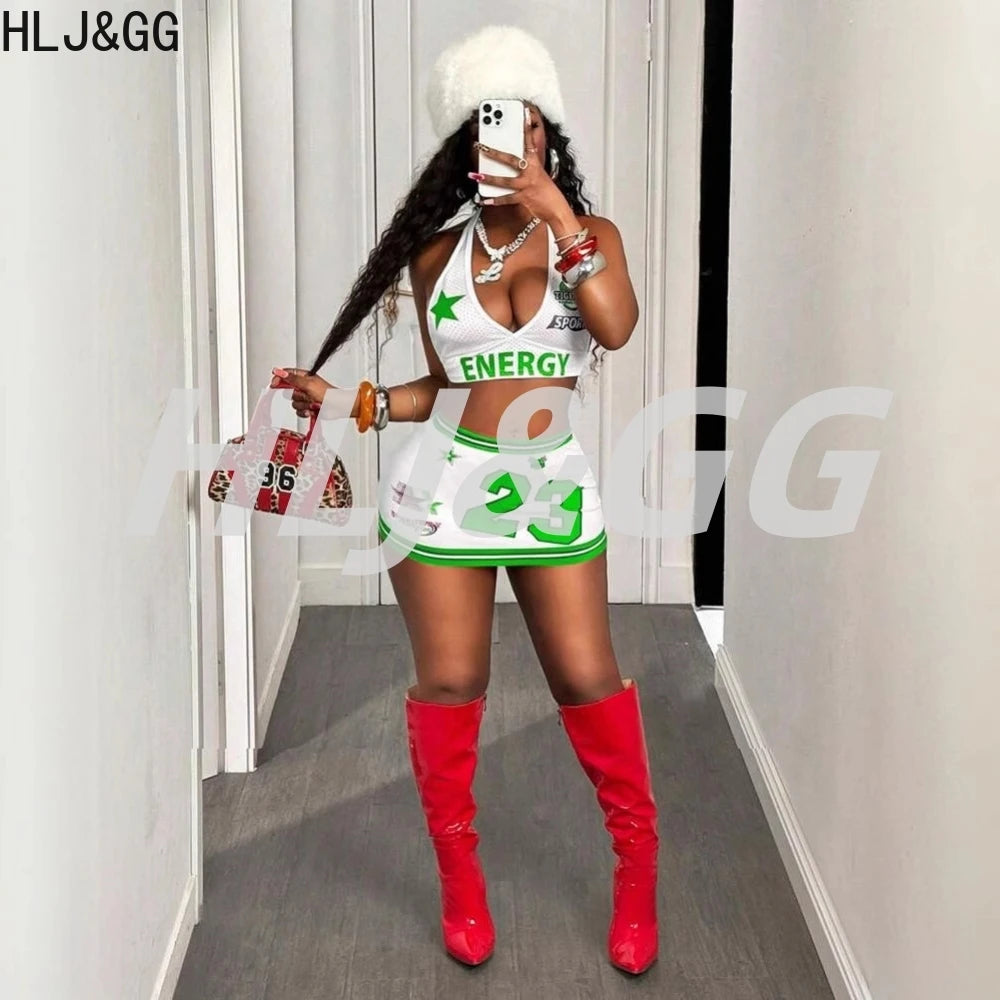 HLJ&GG Y2K Fashion Letter Print Mesh Hollow Two Peice Sets Women Deep V Halter Sleeveless Backless Crop Top+Mini Skirts Outfits