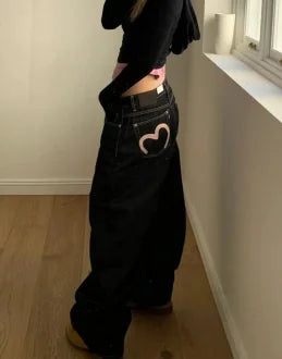 Korean pink heart-shaped pocket printed hot girl wide-leg jeans women's summer simple design high-waisted jeans straight pants