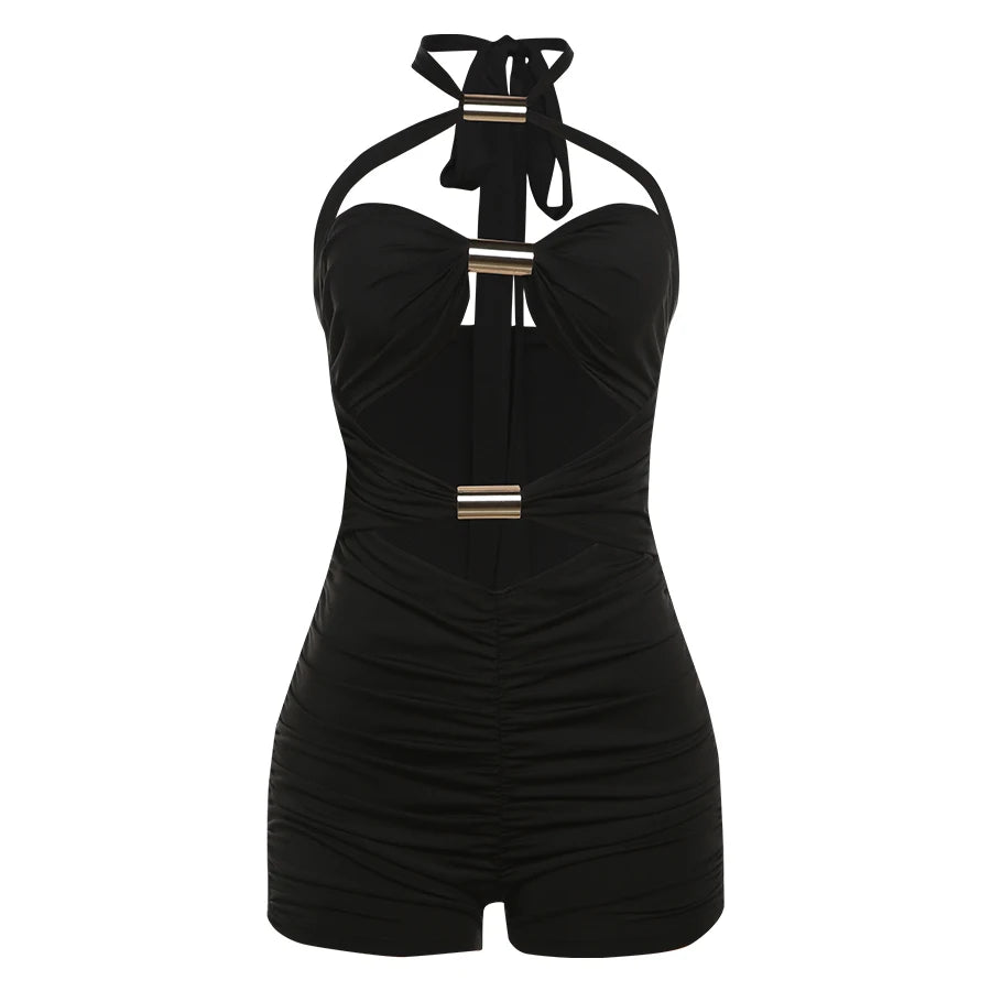 Weird Puss Ruched Romper Women Chic Metal Buckle Hollow Backless Halter Sleeveless Hipster Stretch Luxury Slim Playsuit Clubwear