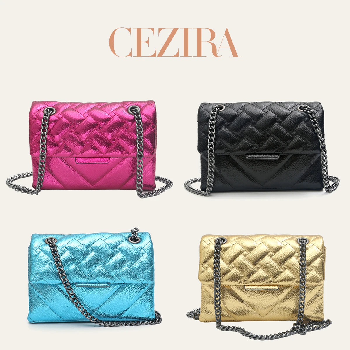 CR Fashion Metallic PU Vegan Leather Handbag For Women Luxury Quilted Flap Messenger Shoulder Bag Long Chain Purse Daily  Travel