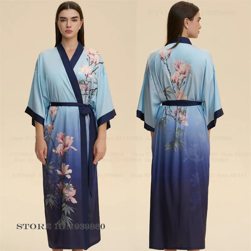 Plus Size Print Flower Long Robe Kimono Gown New Female Sleepwear Bathrobe Home Dress Loose Silky Satin Night Clothes Loungewear