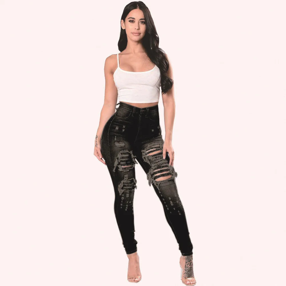 New Designer Women 2025 High Waist Ripped Jeans for Women Skinny Black White Jeans Woman Elastic Slim Jean Female Femme