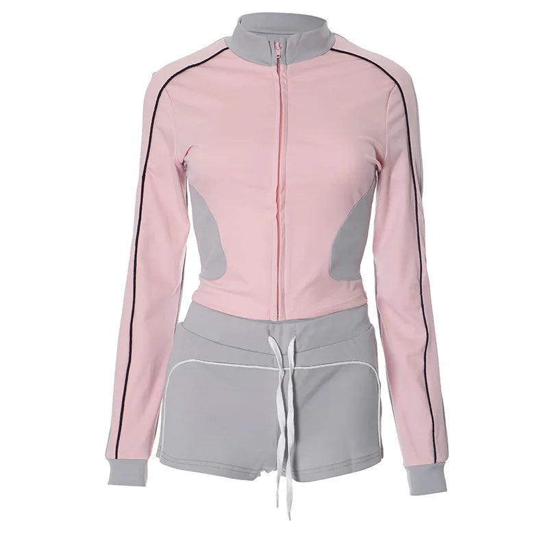Weird Puss Tracksuit Women Patchwork 2 Piece Set Fall Trend Sporty Zipper Crop Jacket+Shorts Casual Hipster Matching Skinny Suit