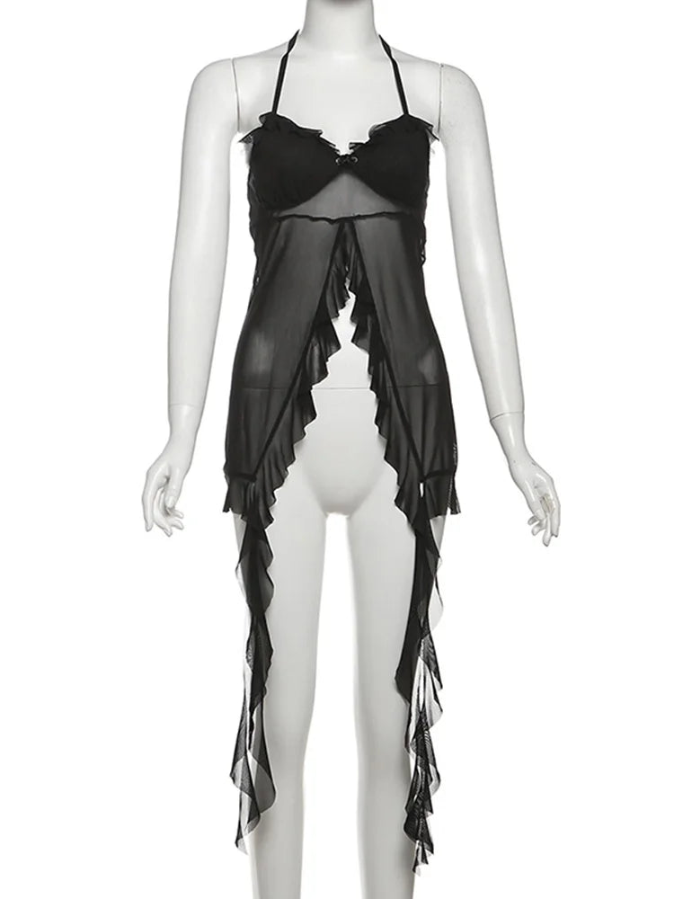 Weird Puss Patchwork Mesh Y2K Sexy Camisole Women Halter Bandage Low-Neck Tassel Ruffles 3d Flowers Midnight Club Sexy Tank Tops