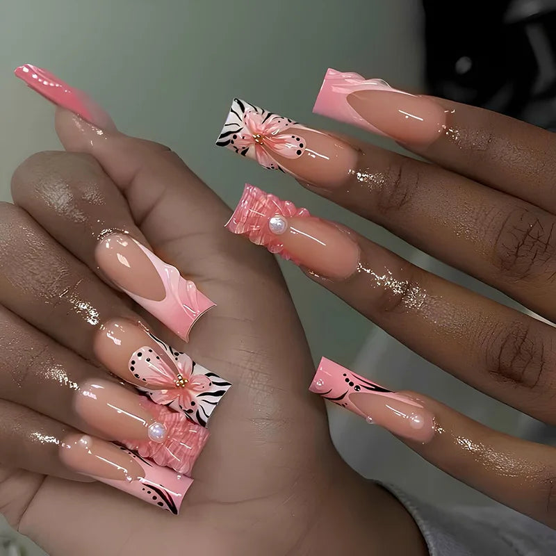 24Pcs Long Square Press on Nails Leopard Print French 3D Cherry Design False Nail Rhinestone Wearable Full Cover Fake Nails Tips