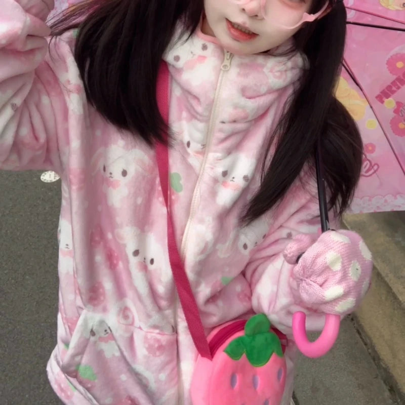 Japanese New Winter Sweet Cute Cartoon Rabbit Flannel Pajamas Set Daughter Girls Pink Thickened Loungewear Women's Sleepwear