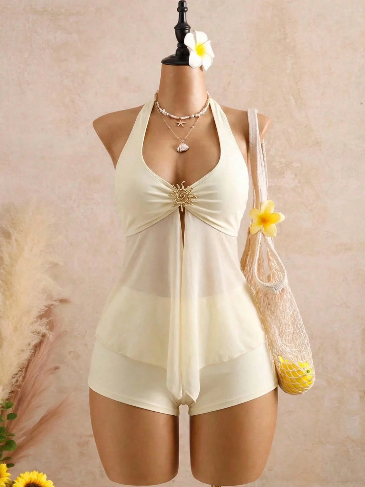 Vintage Yellow Polka Dot Print Bikini Set 2026 Women Metal Sun Ornament Mesh Tank Top High Waist Swimsuit Bathing Suit Swimwear