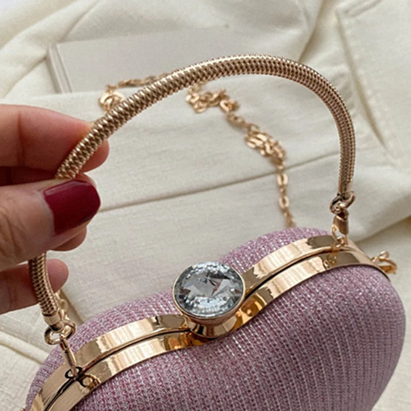 Evening Clutch Bag For Women Shiny Heart Shape Metal Clutch Chain Shoulder Purse