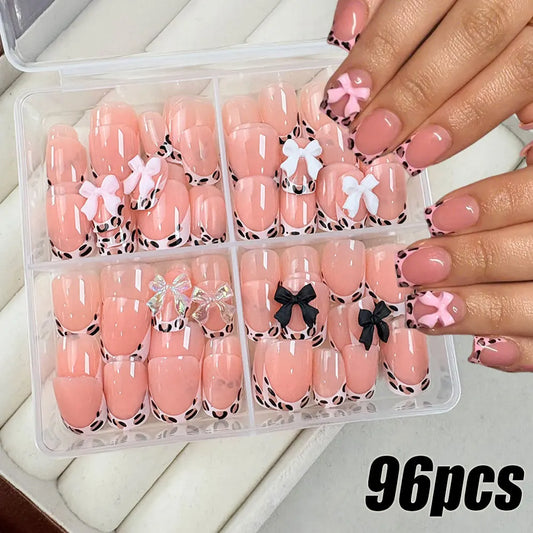 24/96pcs Nude Leopard French Bowknot False Nails Short Round Square Press On Nails Y2K Cute Leopard Bow Actylic Fake Nails Tips