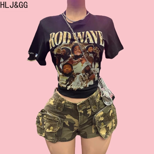HLJ&GG Y2K Fashion Graphic Tshirts Two Piece Sets Women O Neck Short Sleeve Loose Top And Camouflage Pocket jeans Shorts Outfits