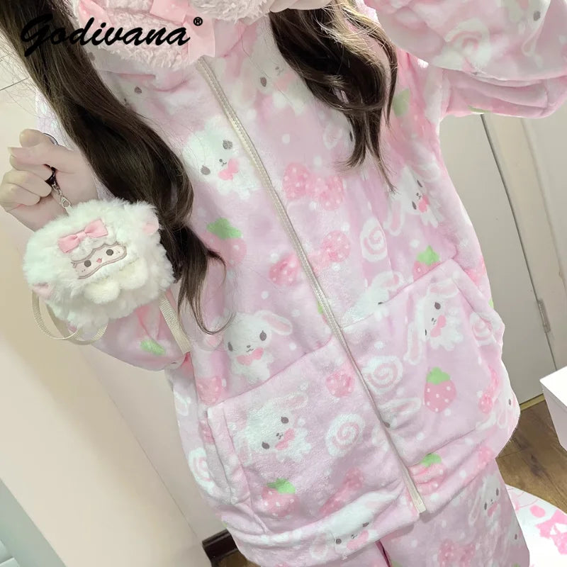 Japanese New Winter Sweet Cute Cartoon Rabbit Flannel Pajamas Set Daughter Girls Pink Thickened Loungewear Women's Sleepwear