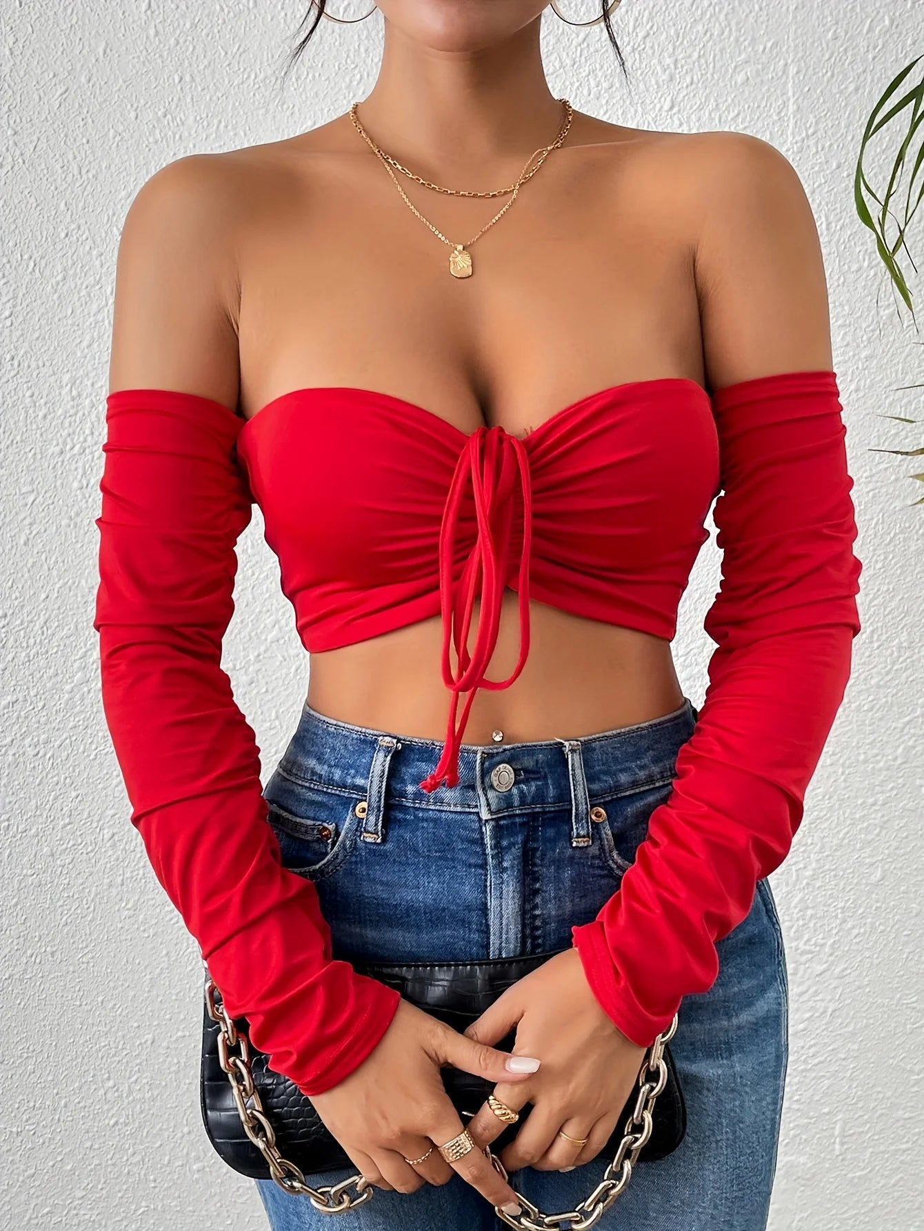 Sexy Ruched Crop T-Shirt - Off Shoulder, Long Sleeve, Drawstring Front, Flattering Fit, Clubwear, Night Out, Fashion Clot