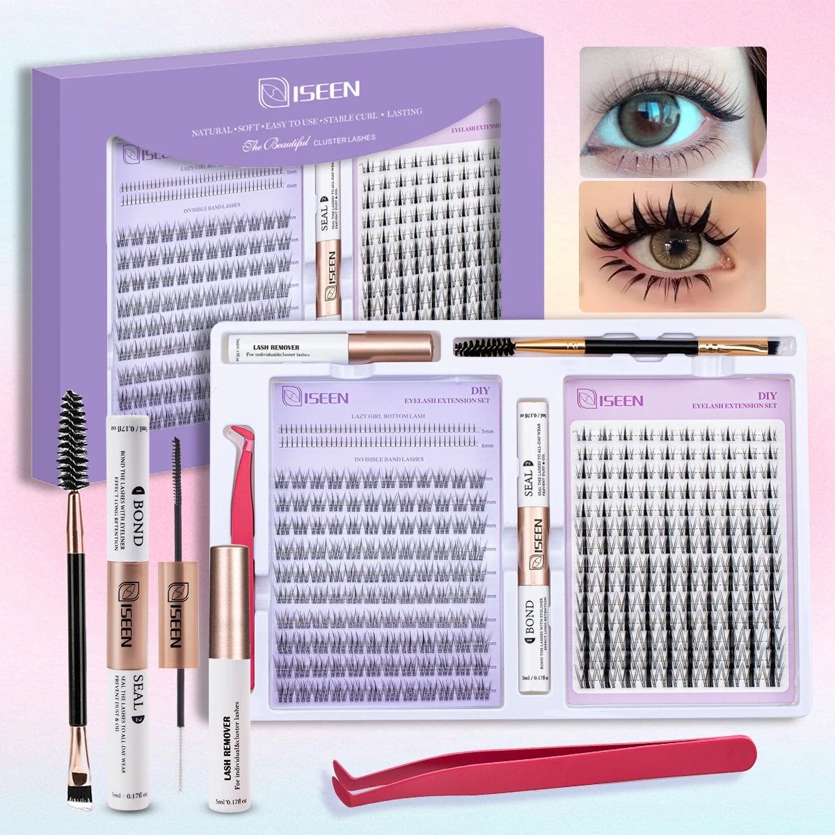 ISEEN DIY Eyelash Extension Kit Cluster Mix Eyelashes Full  Lashes Kit with Lash Bond & Seal and Eyelash Tweezers and Brush