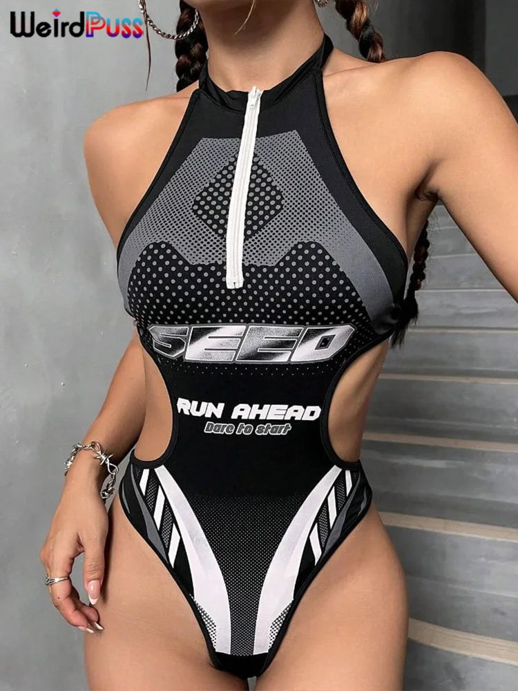 Weird Puss Halter Hollow Bodysuit Woman Summer Backless Straps Zipper Sexy Print Wild Fashion Trend Streetwear Skinny Clubwear