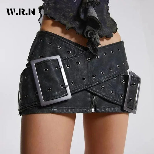 2024 Spring Casual Retro Style Sashes Y2k Fashion Leather Skirts Women's Vintage High Waist Slim Fit A-line Hotsweet Mini Skirt