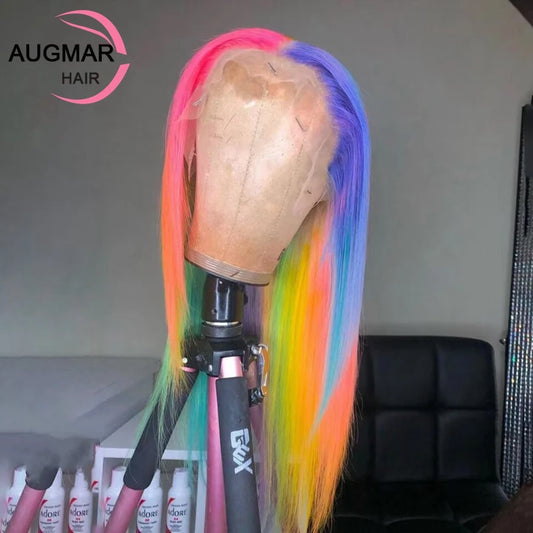 360 Rainbow Highlight Human Hair Wigs Transparent 13x6 HD Lace Frontal Wig Pink Purple Green Straight Lace Front Human Hair Wig