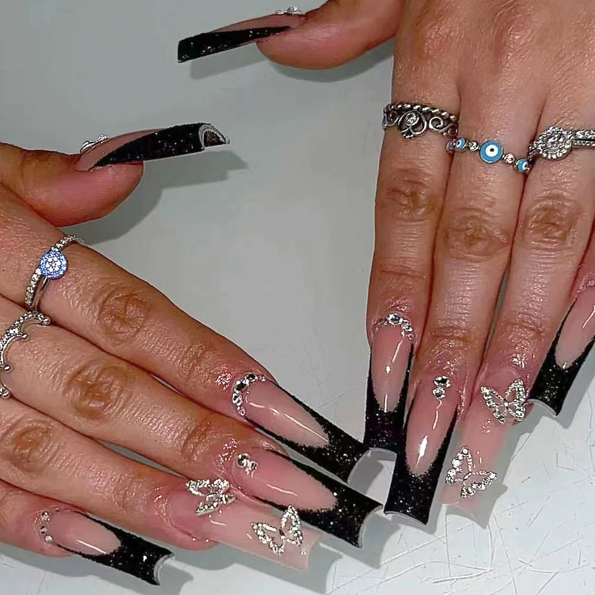 24Pcs Long Square Press on Nails Leopard Print French 3D Cherry Design False Nail Rhinestone Wearable Full Cover Fake Nails Tips