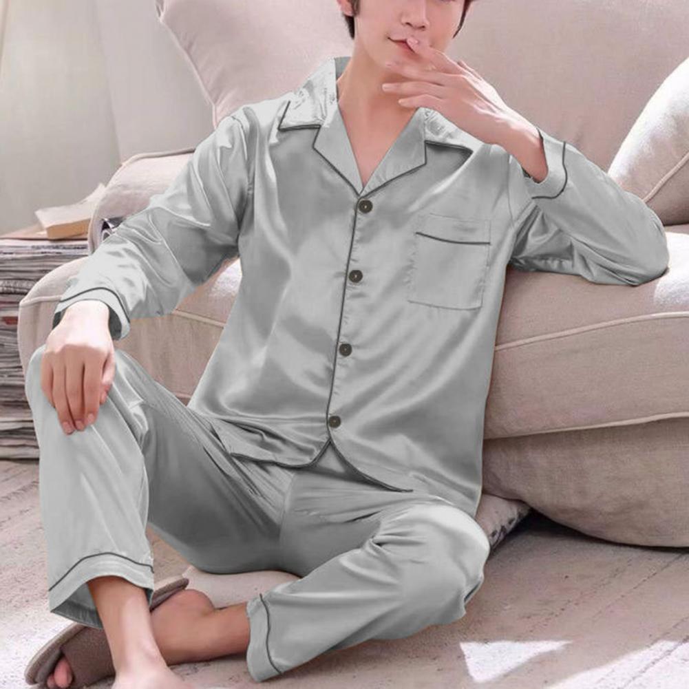 1 Set Men Sleepwear Solid Color Long Sleeved Single Breasted Home Wear Ice Silk Loose Plus Size Pajamas Set For Home