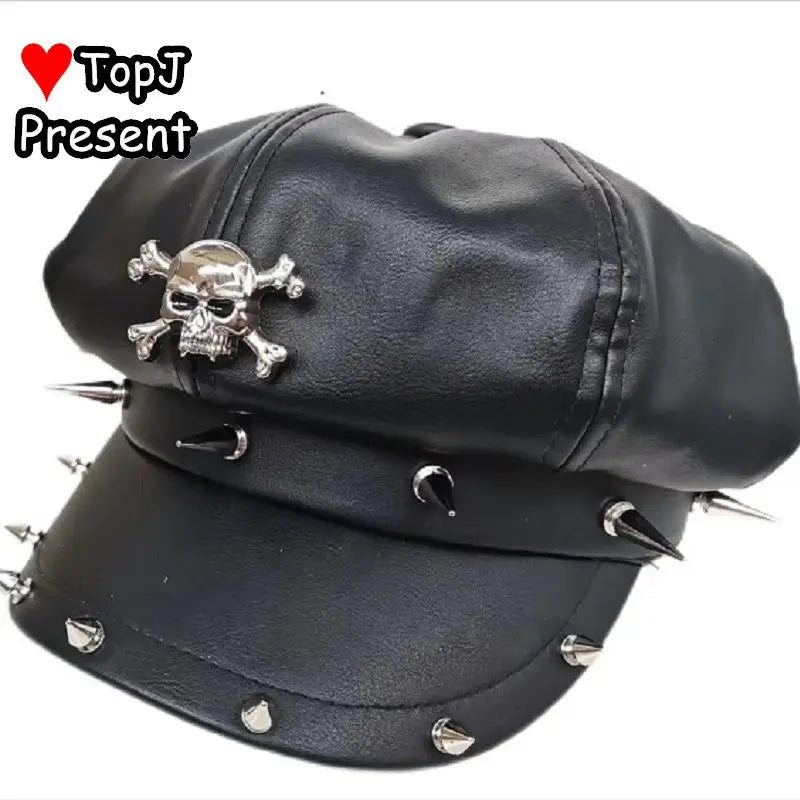 Women Lolita Y2k Steam Punk Gothic Harajuku Subculture Girl Riveted Motorcycle Hat Trendy Men's Personality Beret Stage Rock Hat