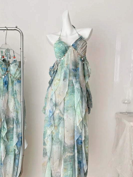 2025 Elegant Halter Neck Ruffled Maxi Dress Women Blue Green Floral Print Bohemian Design Beach Vacation Casual Party Dress New