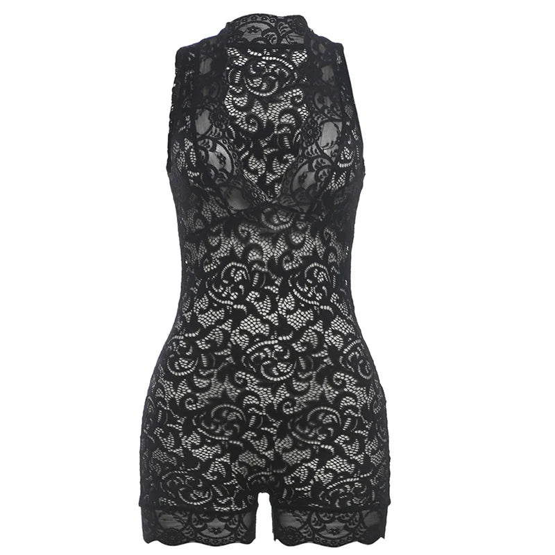Weird Puss Lace v-Neck See-Through Rompers Woman Summer Sexy Thin Solid Sleeveless Low-Neck Stretch Peach Hip Skinny Playsuit