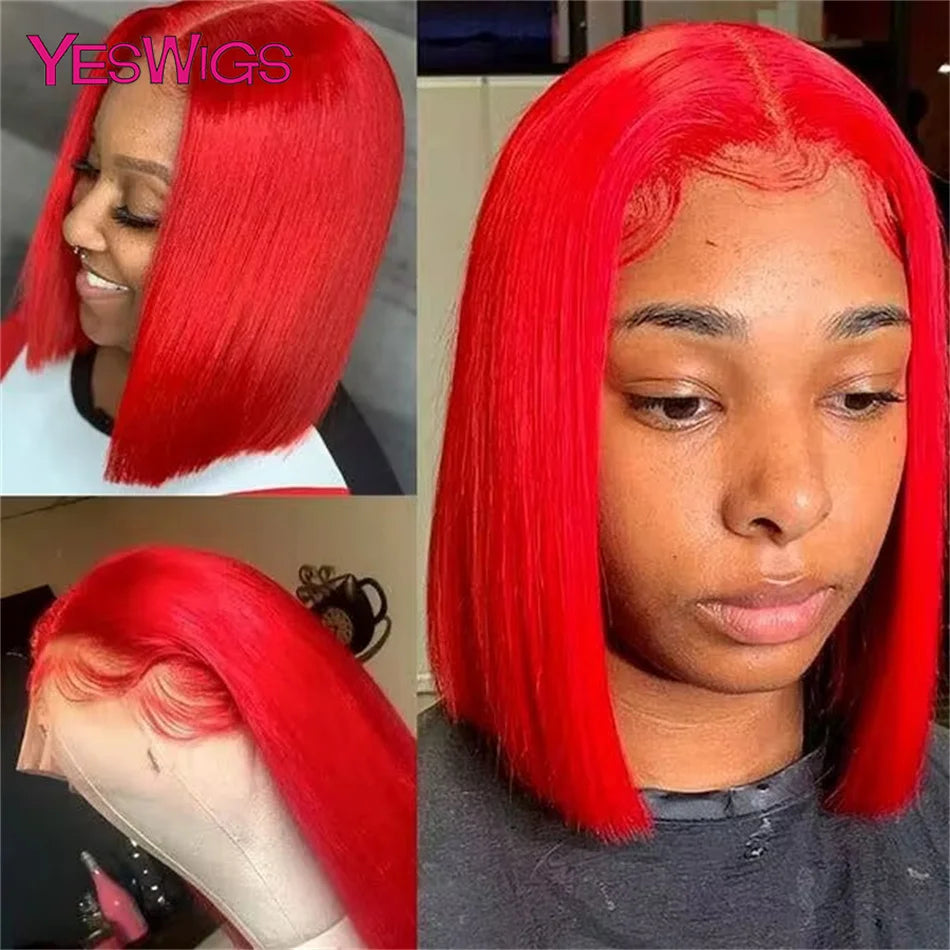 Short Bob Wig Hot Red Burgundy 99j Colored Brown Lace Front Human Hair Wigs Bone Straight Bob Wig Lace Frontal Wigs For Women