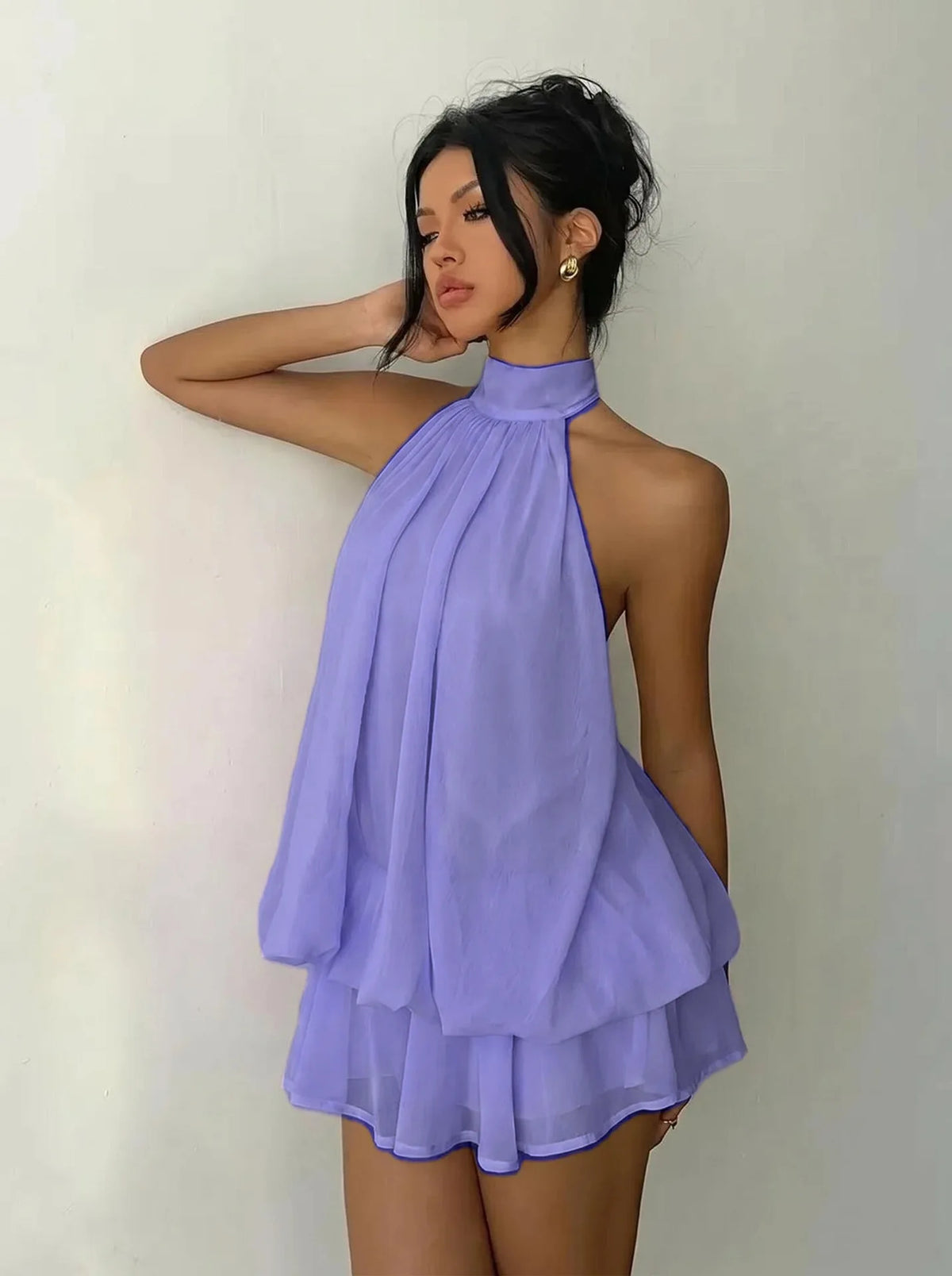 French Style Solid Color Women's Halter Neck Sleeveless Off Shoulder Backless A Line Mini Spicy Girl Beach Vacation Dresses