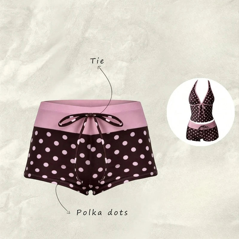 Women Swimwears Polka Dot 2-Piece Tankini Set Halter V Neck Front Tie Cami Top & Contrast Waistband Drawstring Swim Shorts