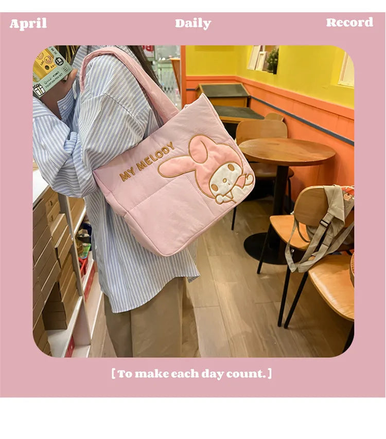 Sanrio Kawaii Hello Kitty Kuromi Tote Bags Cute My Melody Pochacco Cartoon Down Cotton Large Capacity Shoulder Bag Gifts Girls