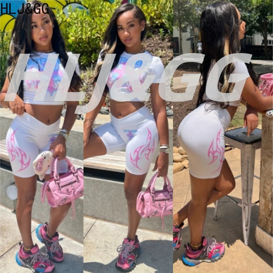 HLJ&GG White Summer Trend Y2K Letter Print Two Piece Sets Women Round Neck Short Sleeve Slim Crop Top And Skinny Shorts Outfits