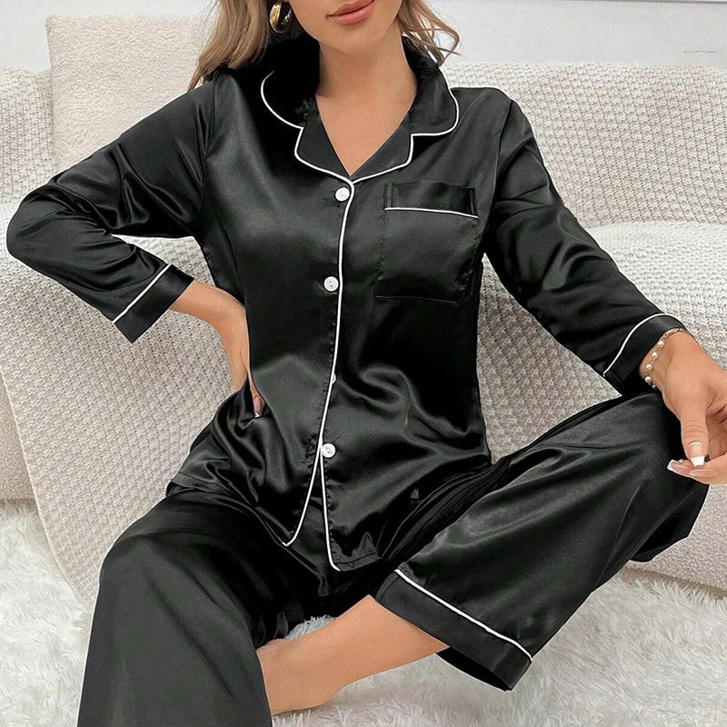 Autumn Satin Women‘s Pajamas Set Notched Collar Top & Wide Leg Long Pants 2 Pieces Sleepwear Female Loungewear Like Leisure Suit