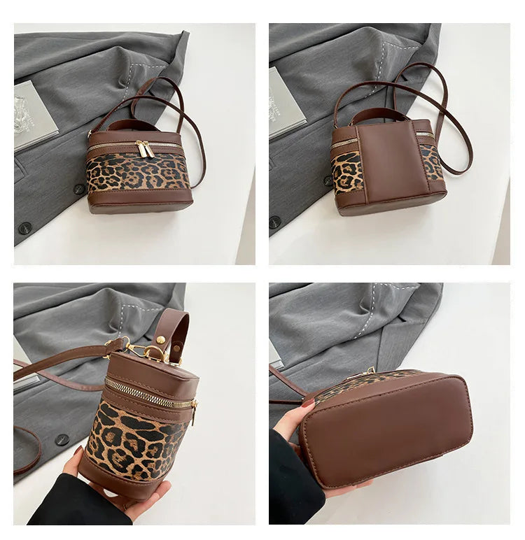 Fashion Round Bucket Bags For Women's Daily Used, Leopard Pattern Crossbody Shoulder Bag For Commuting, Casual Ladies Handbags