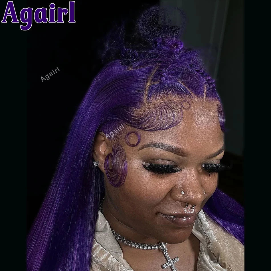 32" Dark Purple Straight Lace Frontal Wig 13x6 13x4 Lace Front Human Hair Wigs For Women Brazilian Remy Pre Plucked 6X4 Lace Wig