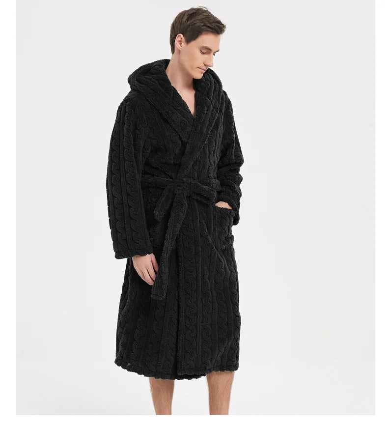 Warm Sleepwear Thicken Jacquard Flannel Men Robe Plush Coral Fleece Hooded Bathrobe Gown Winter Lounge Wear Home Wear Nightwear