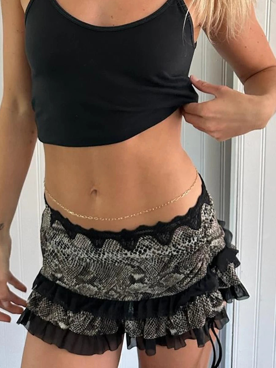 Y2K Fairycore Skirt Leopard Drawstring Harajuku Streetwear Gothic Retro Mini Skirt Hip Hop Low Rise Skirts Punk Fashion Dress