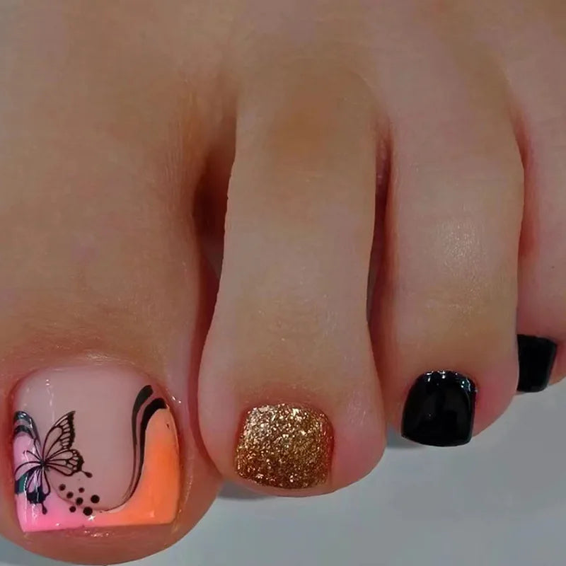 New White Flower Artificial Toe Nails with Gold Foil False Toenail Tips French Lady Girl Wearable Press on Nails for Feets