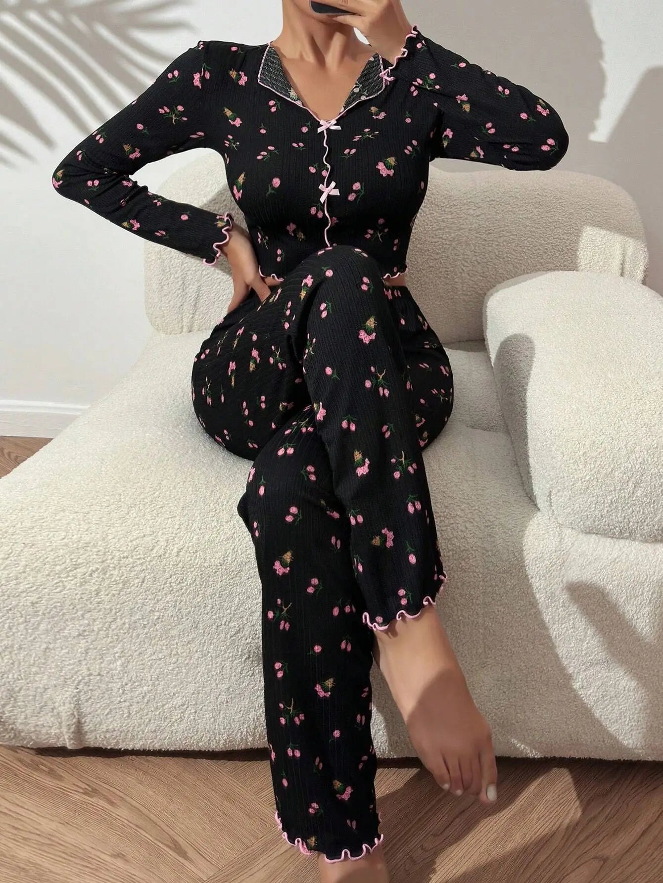 Autumn Winter Floral Print Pajamas Set for Women Sleepwear Long Sleeve Top and Long Pants 2 Piece Casual Homewear Loungewear