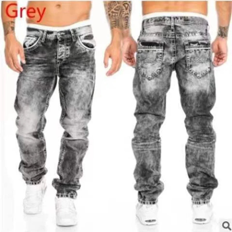 Vintage Wash Wash Straight Hip Hop Jeans Men Streetwear Casual Denim Cargo Pants Spring and Autumn Zipper Print Stretch Jeans