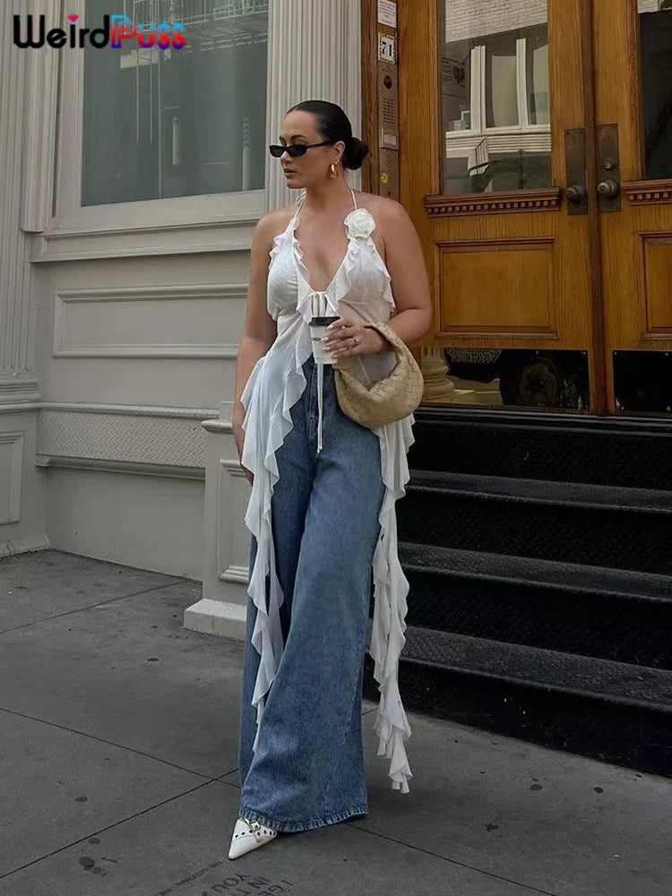 Weird Puss Blossoms Tank Tops Women Ruffles Y2K Summer Trend Sexy V-Neck Irregular Tassel Halter Backless Wild Street Camisole