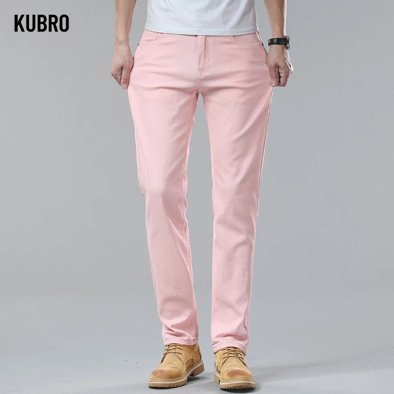 White Yellow Pink fashion 5 Color Men's Cotton Casual Pants Jeans Slim Straight Solid Color Business Trousers Four Seasons Brand