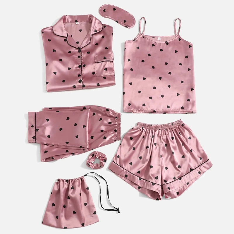 Women's Pajamas Set 7 Pieces Satin Sleepwear Pijama Silk Nightgown Suit Summer Women Home Clothing Printing Sleep Pyjama Femme